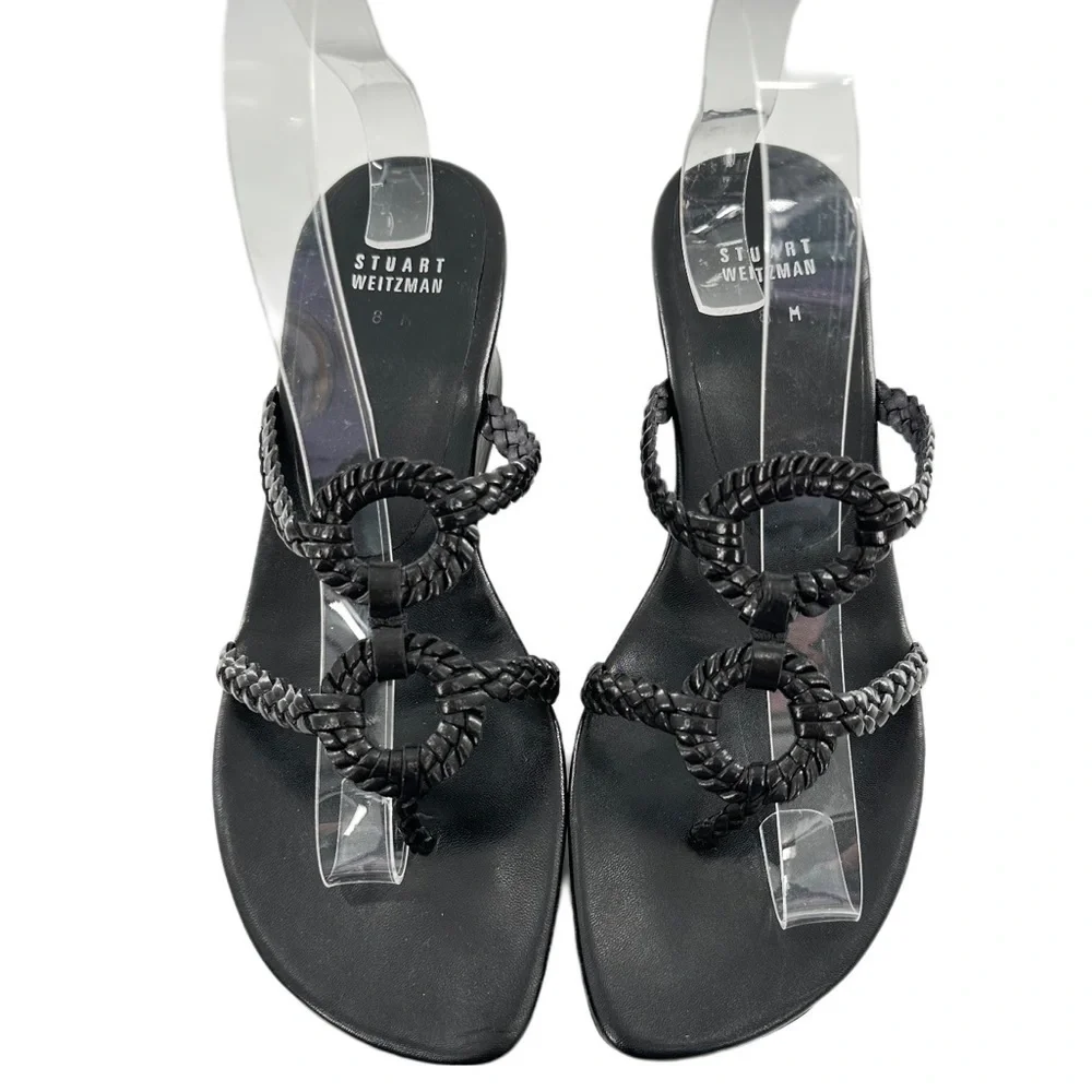 Stuart Weitzman womens sandals 8 black leather braided chunky platform slides